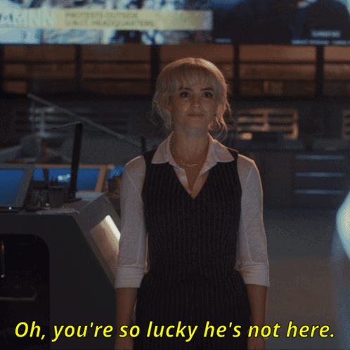 Woman Says Oh You're So Lucky He's Not Here In Yellow GIF