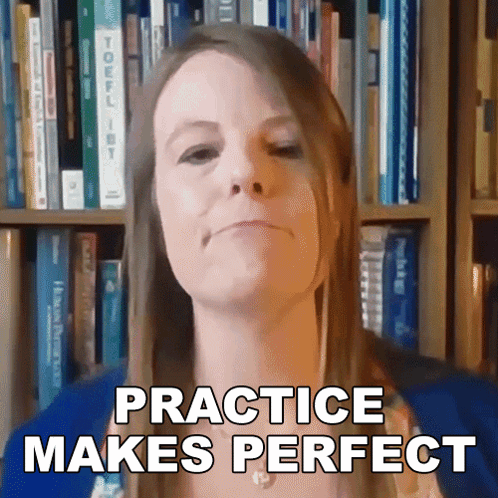 Woman Says Practice Makes Perfect in Front of Bookshelves