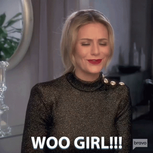 Woman Says Woo Girl in Black and Gold Top