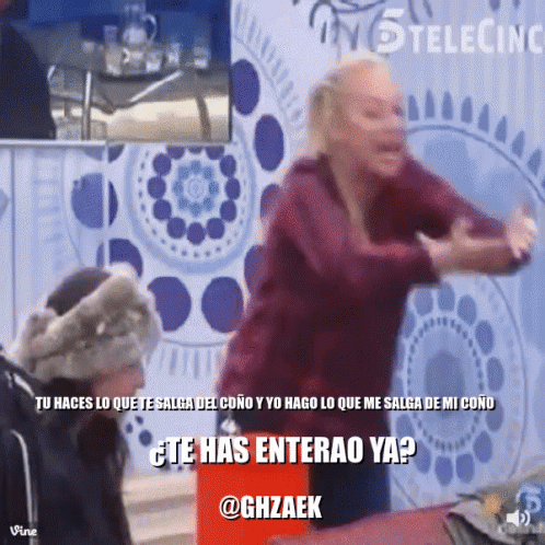 Woman Screaming in Front of Blue and White Patterned Wall