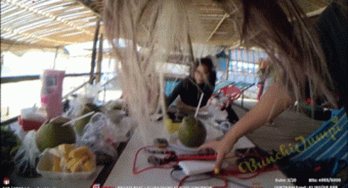 Woman Sitting At Table With Food And Bunched Jump Sign GIF