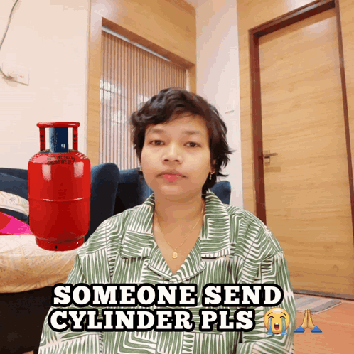 Woman Sitting By Red Gas Cylinder Someone Send Cylinder Pls GIF