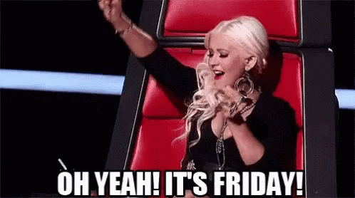 Woman Sitting in Chair Saying Oh Yeah It's Friday