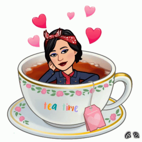 Woman Sitting In Cup Of Tea Saying Tea Time GIF