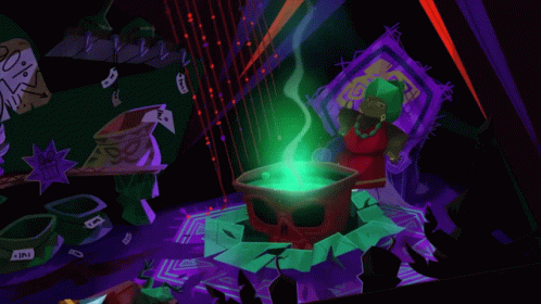 Woman Sitting in Front of Cauldron with Green Smoke