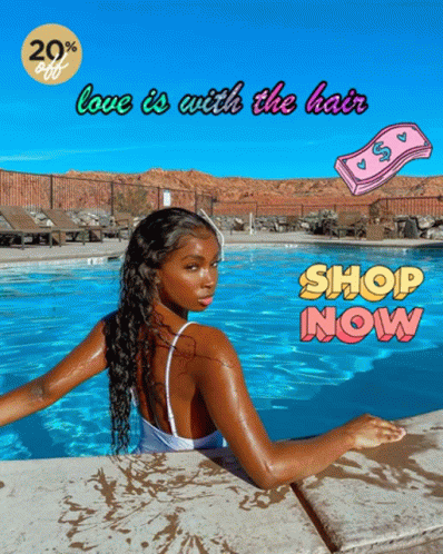 Woman Sitting in Pool Love Is With The Hair Shop Now