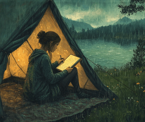 Woman Sitting in Tent Reading Book in the Rain