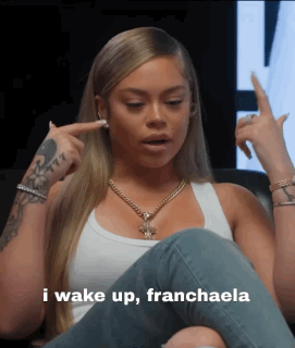 Woman Sitting On Couch Saying I Wake Up Franchaela GIF