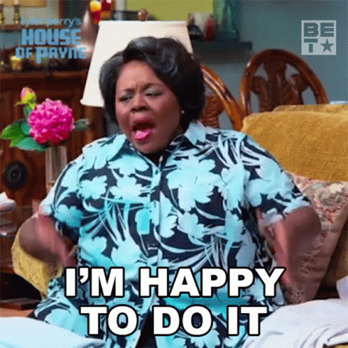 Woman Sitting on Couch Says I'm Happy to Do It
