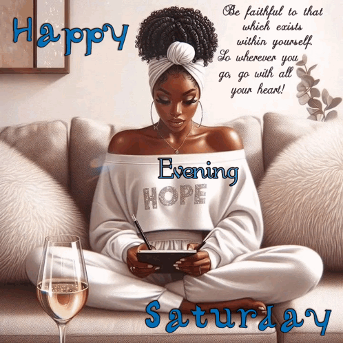 Woman Sitting On Couch With Wine Happy Saturday GIF