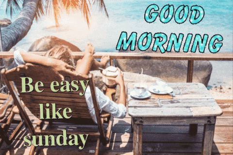 Woman Sitting on Deck Saying Good Morning Be Easy Like Sunday