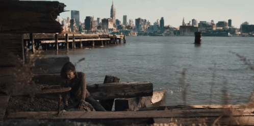 Woman Sitting on Dock with City Background
