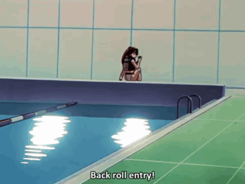 Woman Sitting on Pool Edge Back Roll Entry