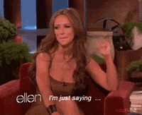 Woman Sitting on Red Couch Saying Ellen