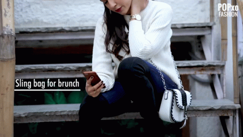 Woman Sitting on Stairs Looking at Phone Sling Bag for Brunch