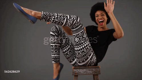 Woman Sitting On Wooden Stool With Legs In The Air GIF