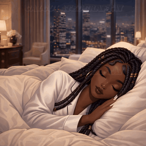 Woman Sleeping in Bed With City Skyline