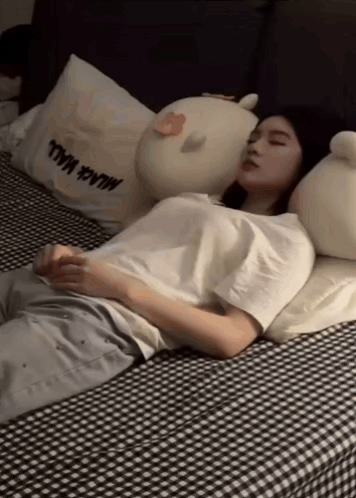 Woman Sleeping on Bed With Stuffed Animals and Black Wall Pillow