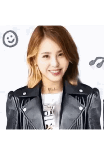 Woman Smiling with Leather Jacket and Music Notes