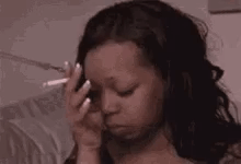Woman Smoking Cigarette And Holding Forehead GIF