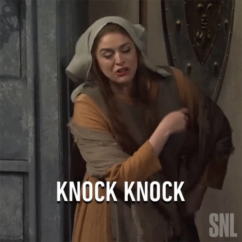 Woman Standing In Front Of Door Saying Knock Knock GIF
