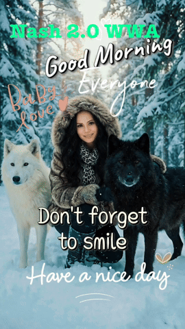 Woman Standing in Snow With Two Wolves Says Good Morning Everyone