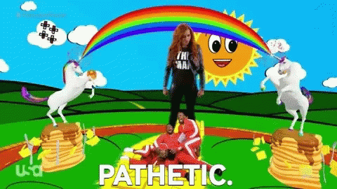 Woman Standing Next To Pancake Stack With Unicorns And Rainbow GIF