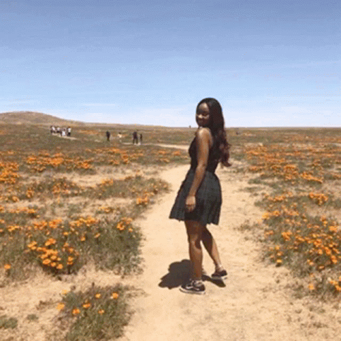 Woman Standing On Dirt Path In Flower Field GIF