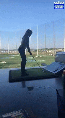 Woman Swinging Golf Club With Collab Clips Logo