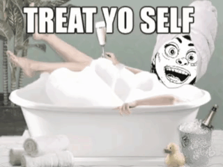 Woman Taking A Bath With Towel On Head Saying Treat Yo Self GIF