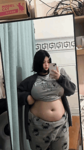 Woman Taking Selfie in Mirror With Model Cat Box