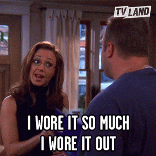 Woman Talking to Man Saying I Wore It So Much I Wore It Out