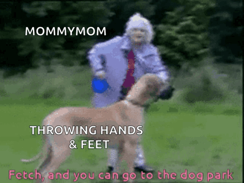 Woman Throwing Hands and Feet Saying Mommymom Fetch Lets Go to the Dog Park