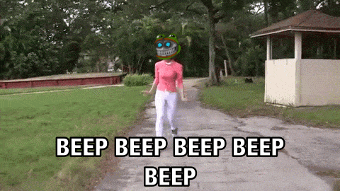 Woman Walking Down Path With Beep Beep Beep GIF