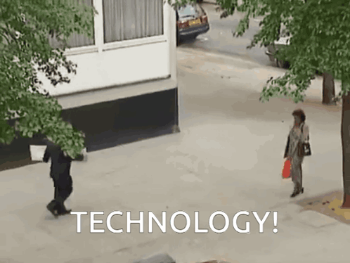 Woman Walking on Sidewalk Saying Technology