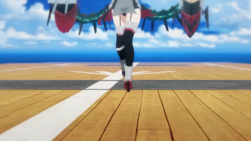 Woman Walking On Wooden Deck With Helicopter GIF
