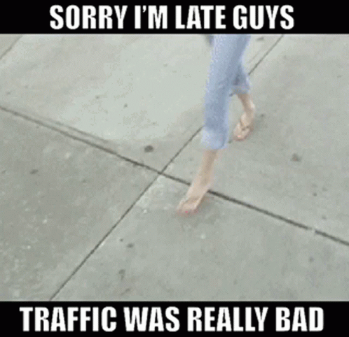 Woman Walking Sidewalk Saying Sorry I'm Late Guys