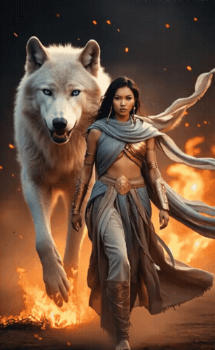Woman Walking With White Wolf Near Fire