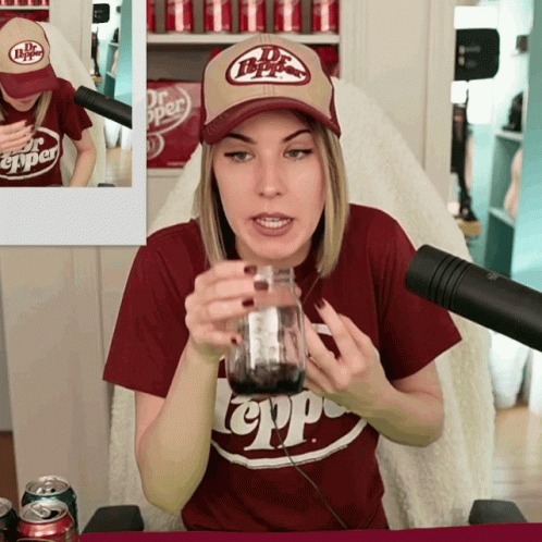Woman Wearing Dr Pepper Cap And Shirt GIF