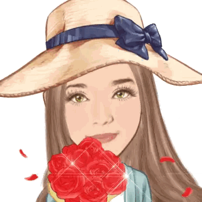 Woman Wearing Hat Holding Roses in Mouth