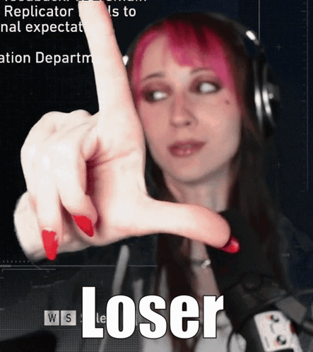 Woman Wearing Headphones Making Loser Sign