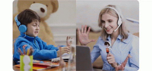 Woman Wearing Headphones Talking To Boy GIF