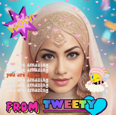 Woman Wearing Hijab Surrounded by Hearts and Words Wow and From Tweety