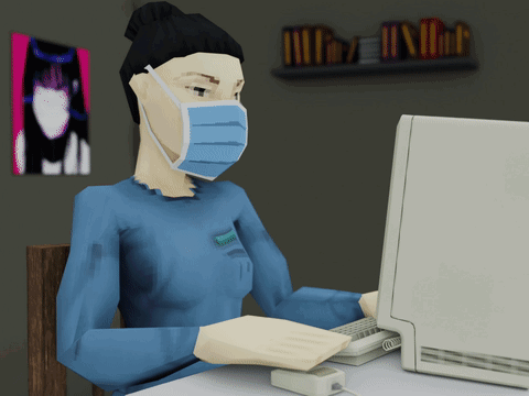 Woman Wearing Mask and Gloves Typing