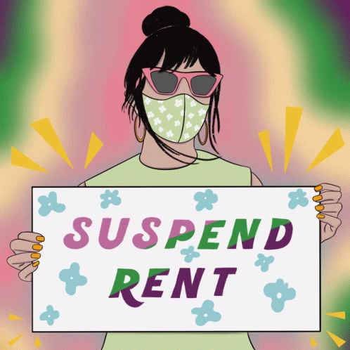 Woman Wearing Mask And Sunglasses Holding Suspend Rent Sign GIF