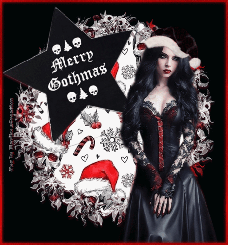 Woman Wearing Santa Hat in Front of Merry Gothmas Sign