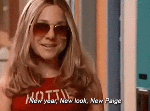 Woman Wearing Sunglasses and Red Shirt Saying New Year New Look New Paige