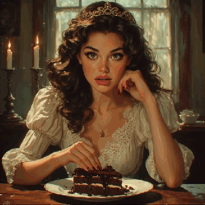 Woman Wearing Tiara Sitting at Table with Cake