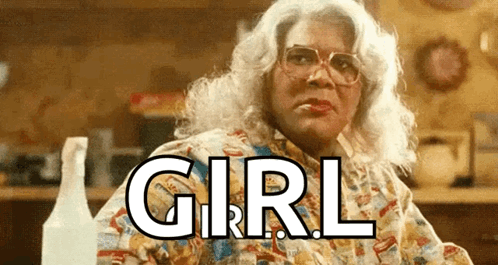 Woman White Hair Glasses In Front Of Bottle Saying Girl GIF