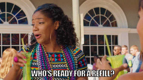 Woman With Beads Says Who's Ready For Refill GIF